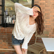 桂岐針織衫女薄款防曬鏤空上衣慵懶風(fēng)寬松露背性感綁帶百搭長(cháng)袖罩衫 白色 均碼