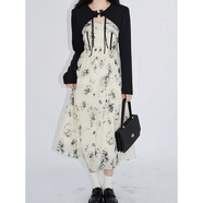 EINDKAD2025春季新款法式茶歇氣質(zhì)碎花吊帶連衣裙茶里茶氣別致套裝裙子女 黑色開(kāi)衫+杏色連衣裙【新中式女 S