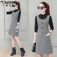 啄木鳥(niǎo)千鳥(niǎo)格毛呢馬甲裙背心裙女無(wú)袖秋冬大碼時(shí)尚打底裙修身顯瘦連衣裙 1985黑白格 S