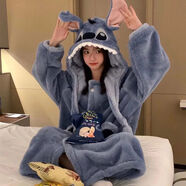 氧家小丑魚(yú)睡衣 搞怪連體情侶睡衣男女冬季加絨加厚珊瑚絨卡通家居服 新款深藍史迪奇睡袍 XL L 適合身高165-178cm