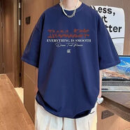 短袖男t恤夏季ins潮流日系寬松字母印花上衣服男生純棉薄款體恤衫 藏青色 S