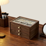 半笙首飾盒收納盒實(shí)木質(zhì)精致手飾品耳環(huán)項鏈復古結婚禮物多層抽屜 三層可視首飾盒