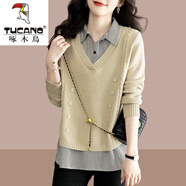 啄木鳥(niǎo)（TUCANO）針織羊·毛衫女裝秋裝新款假兩件V領(lǐng)上衣秋季打底衫襯衫領(lǐng)毛衣女 米色 XL建議115-125斤穿