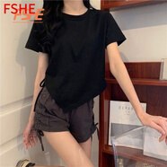 FSHE寬松不規(guī)則抽繩短款t恤女設(shè)計感小眾開叉短袖夏季別致辣妹小上衣 黑色 2XL 125-140斤左右