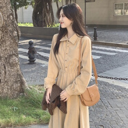 茉衣雅（MOYIYA）配大衣的長(cháng)裙子法式復古a字裙新款韓版收腰打底連衣裙女秋季長(cháng)裙 卡其色連衣裙【單連衣裙】 M