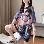 tzbt休閑速干網(wǎng)眼透氣中長(zhǎng)款T恤夏季新款短袖寬松大碼女式T恤裙上衣女 蠟筆小新 XL 建議120-140斤