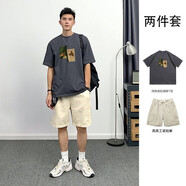純棉重磅短袖t恤男寬松套裝夏季潮流五分半袖高街工裝一套衣服男 灰色短袖+白色短褲 2XL 【建議140-160斤】
