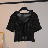 皮爾卡丹（pierre cardin）系帶冰絲短袖開(kāi)衫女夏季薄款防曬配吊帶裙小披肩外搭短款外套坎肩 黑色【無(wú)花朵】 XL