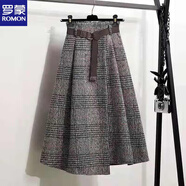 羅蒙（ROMON）大碼毛呢格子半身裙女秋冬a字裙中長(zhǎng)款不規(guī)則高腰加厚長(zhǎng)裙子傘裙 灰色 L 建議120-140斤