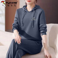啄木鳥(niǎo)女士加絨運(yùn)動(dòng)套裝冬季2024新款減齡連帽衛(wèi)衣休閑兩件套 藍(lán)灰 加絨加厚保暖 XL (110-125斤)