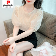 皮爾卡丹（pierre cardin）【1154人收藏】夏季泡泡袖雪紡襯衫女裝夏裝2025新款氣質(zhì)時(shí)尚洋氣 杏色 3XL