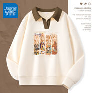 真維斯（Jeanswest）衛衣女2025春秋季新款POLO領(lǐng)長(cháng)袖T恤撞色時(shí)尚百搭寬松上衣外套女 米色 埃及四圖騰 S 【推薦體重80-100斤】