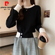 皮爾卡丹（pierre cardin）針織衫女撞色毛衣內搭短款長袖上衣打底衫早秋2025年秋裝新款收腰 黑色 S 160