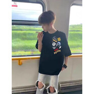 尚德光美式國(guó)潮牌純棉重磅短袖t恤男夏季寬松五分半袖ins高街打底體恤衫 DOODS-黑色 XL (建議120-140斤)