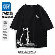 真維斯（Jeanswest）7A抗菌短袖t恤男士夏季2025新款潮牌情侶寬松透氣半袖體恤上衣服 黑色(月下貓胸標(biāo)_右下標(biāo)) XL /180(不起球不掉色)
