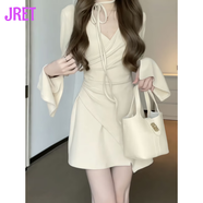 Jret設計感短裙女夏季新款收腰顯瘦少女風(fēng)V領(lǐng)喇叭袖不規則純欲連衣裙 杏色【短裙】 L 【110-120斤】