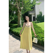 XIERWEI法式絕美黃色氣質(zhì)重工釘珠鑲鉆吊帶連衣裙寬松慵懶松弛感海邊度假 黃色 S