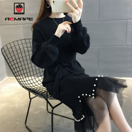 AEMAPE 長(cháng)款半高領(lǐng)釘珠針織毛衣裙2025春秋冬季新款韓版連衣裙女 黑色_網(wǎng)紗下擺兩 M _90斤-105斤