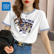 真維斯（JEANSWEST）t恤女夏季裝新款純棉短袖上衣服女裝寬松撞色休閑慵懶風(fēng)正肩半袖 白湖藍(lán) 兔子三連拍 M