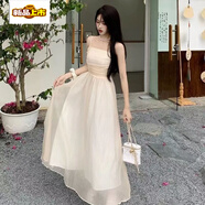 初徑時(shí)尚抹胸吊帶連衣裙女夏季新款超仙收腰顯瘦網(wǎng)紗復古氣質(zhì)吊帶長(cháng)裙 米白色【105cm不包含吊帶】 2XL 125-140斤