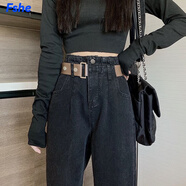 FSHE牛仔褲女2025年春秋設計感花苞高腰哈倫老爹褲寬松顯瘦蘿卜褲女 黑色 XL [120-130斤]