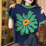 伊森尼尼純棉夏季新款花朵拼接印花短袖T恤女休閑圓領(lǐng)清新百搭打底衫上衣 綠領(lǐng)花朵 XL 建議110-120斤