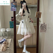 琳璽 LINXI 初戀裙復古溫柔風(fēng)方領(lǐng)泡泡袖白色裙子女夏學(xué)生茶歇法式桔梗連衣裙E 杏色 L (建議109-118斤)