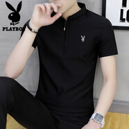 花花公子（PLAYBOY）短袖T恤男2025夏季冰絲男士立領休閑POLO衫高端上衣服 黑色 2XL