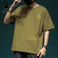 花花公子t恤男笑臉刺繡短袖男2025夏季新款寬松大碼半袖休閑純棉體恤胖子 軍綠色 S