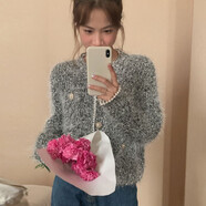 韓國chic秋冬復古氣質(zhì)圓領重工釘珠點綴金線針織開衫毛衣外套女 灰色 均碼