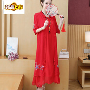初徑2026春秋新款韓版大碼寬松中長(cháng)款民族風(fēng)刺繡長(cháng)裙兩件套繡花連衣裙 紅色 M 建議100-110斤