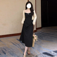 FSHE2025新款大碼女裝法式性感連衣裙女秋季輕奢感胖MM遮肚顯瘦吊帶裙 黑色連衣裙 （單吊帶） 2XL (建議140~160斤)