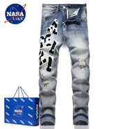 NASALIKE字母刺繡老虎牛仔褲男士時(shí)尚AM潮牌修身潮流新款破洞高街痞帥小腳 毛巾黑白牛仔褲 藍(lán)色 710 2XL (社會(huì)小伙)