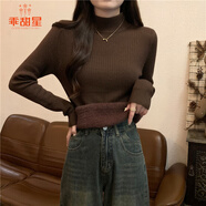 乖甜星秋冬半高領(lǐng)修身緊身長(cháng)袖打底針織衫女上衣加厚一體絨保暖白色毛衣 咖啡色 均碼 高彈力 70-125斤