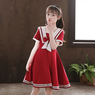 蕉京朗誦服裝兒童背帶褲演出服小學(xué)生大合唱團紅色禮服男女六一主持服 酒紅色短袖裙 150