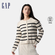 GAP女裝2025春季新款刺繡logo條紋絞花圓領(lǐng)針織衫常規毛衣729084 黑白條紋 M (165/84A) 亞洲尺碼