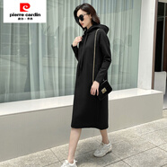 皮爾卡丹（pierre cardin）春秋裝新款氣質(zhì)減齡休閑中長衛(wèi)衣裙女寬松顯瘦長袖套頭連帽連衣裙 黑色 S 85-105斤