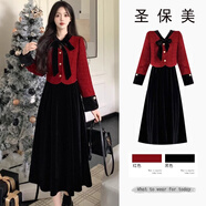 圣保美紅色禮服小香風(fēng)連衣裙女秋冬新款顯瘦絲絨裙子春秋小個(gè)子過(guò)年穿搭 紅色 M (建議100斤以?xún)?