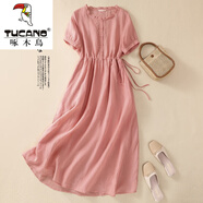 啄木鳥(niǎo)（TUCANO）文藝棉麻短袖連衣裙女夏淑女氣質(zhì)系帶收腰顯瘦木耳領(lǐng)亞麻襯衫長(cháng)裙 粉紅色 2XL【建議145-165斤】