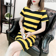 中凡智糖果色薄款條紋T恤女中長(cháng)款夏季青春減齡亮色慵懶風(fēng)寬松短袖t 黑黃色 M 80-斤