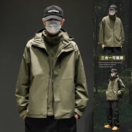 花花公子三合一可拆卸沖鋒外套男春秋新款工裝夾克男夏季休閑戶外登山衣服 軍綠【三合一，搖粒絨內(nèi)膽】 M 碼 體重110-120斤