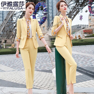 伊雅露莎小西裝女套裝夏薄款職業(yè)裝中袖西服套裝通勤時(shí)尚甜美正裝工作9981 黃色西裝+九分褲+飄帶 XL