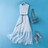 無(wú)袖氣質(zhì)真絲連衣裙2024夏季精品女裝系腰帶大擺裙寬松顯瘦中長(cháng)裙 白色 均碼
