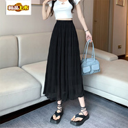 初徑法式甜美雪紡百褶裙女夏季新款高腰中長(cháng)款字裙顯瘦半身裙子 黑色 (裙子有內襯) S 建議80-95斤