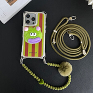 桐汝壁搞怪綠條紋毛絨公仔適用蘋果12手機殼掛繩斜挎可背iphone15promax四角開孔皮質16手腕手提13支架14 四角掛孔皮紋殼-條紋+毛絨 iPhone16