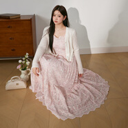 藍語(yǔ)大碼女裝法式蕾絲碎花吊帶裙輕薄開(kāi)衫2025夏季顯瘦連衣裙套裝 米白開(kāi)衫 3XL