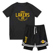 法登爵湖人隊23號詹姆斯短袖T恤24科比訓練服籃球美式速干衣男運動(dòng)套裝 黑色上衣+黑褲子:23號詹姆斯 3XL (180高 160斤)