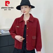 皮爾卡丹（pierre cardin）春秋季新款2025毛呢絨針織開(kāi)衫小外套女單排扣翻領(lǐng)休閑短款上衣潮 銹紅:時(shí)尚毛呢絨小外套 L :95-100斤