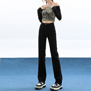 MELROSEMOOD高腰窄版直筒牛仔褲女2025小個(gè)子女裝春季新款復古顯瘦拖地闊腿褲 黑色（九分褲） L