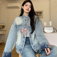 妹丫2026春季新款國風(fēng)牛仔外套女重工刺繡上衣新中式拼接短款夾克顯瘦 圖片色 M